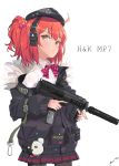  ahoge arm_strap bangs belt beret black_legwear black_skirt blush bow bowtie buckle candy character_name closed_mouth collared_shirt commentary food fur-trimmed_jacket fur_trim girls_frontline gun h&amp;k_mp7 hair_between_eyes hair_ornament hat headphones heckler_&amp;_koch holding holding_gun holding_weapon jacket lollipop long_sleeves looking_at_viewer military miniskirt mono_(resu) mp7_(girls_frontline) off_shoulder pantyhose pink_bow pink_hair pleated_skirt pocket ponytail pouch shirt sidelocks signature simple_background skirt solo strap striped striped_neckwear submachine_gun suppressor trigger_discipline vertical_foregrip weapon white_background white_shirt yellow_eyes 