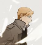  1boy alphonse_elric blonde_hair coat doya eyebrows_visible_through_hair feathers formal fullmetal_alchemist grey_background looking_away male_focus profile shirt short_hair simple_background smile standing waistcoat walking watermark web_address white_shirt 