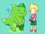  0mzum1 1boy ? animal_on_head aqua_background black_eyes blonde_hair blue_eyes blush claws closed_mouth commentary_request drago fangs frog green_shorts looking_at_another lucas_(mother_3) mother_(game) mother_3 notice_lines on_head pink_footwear print_shirt purple_shirt quiff shirt shoes short_hair short_sleeves shorts simple_background skin_fangs smile socks solid_circle_eyes standing t-shirt white_socks 