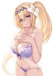  babydoll bangs bare_shoulders bikini blonde_hair blush breasts cleavage collarbone commentary diadem dress evan_yang eyebrows_visible_through_hair flower front-tie_top gown granblue_fantasy hair_between_eyes hair_flower hair_intakes hair_ornament hands_on_own_chest headpiece highres hips interlocked_fingers jeanne_d'arc_(granblue_fantasy) large_breasts lily_(flower) long_hair looking_at_viewer navel ponytail purple_bikini see-through side-tie_bottom simple_background smile solo swimsuit very_long_hair white_background 