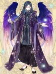 1boy black_footwear black_pants blue_flower blue_hair blue_robe closed_mouth coat curtained_hair dairoku_ryouhei dark_blue_hair feathered_wings flower full_body glasses gloves gold_trim gradient_wings hair_flower hair_ornament hand_up holding holding_wand jewelry key key_necklace lionel_echoes long_coat long_hair male_focus multicolored_wings necklace open_clothes open_coat open_hand pants pink_eyes pointy_footwear puffy_pants purple_coat purple_wings robe smile solo sparkle standing star_(symbol) swept_bangs wand white_gloves wide_sleeves wings yellow_background yusa_tk74 