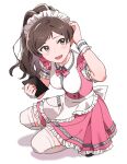  1girl apron blush bow bowtie breasts brown_hair dot_nose dress frilled_apron frilled_dress frills from_above hand_on_own_head hand_up idolmaster idolmaster_million_live! idolmaster_million_live!_theater_days kitazawa_shiho long_hair looking_at_viewer medium_breasts open_mouth pink_bow pink_bowtie pink_dress shirop_imas shirt short_sleeves simple_background solo squatting thighhighs waist_apron waist_bow white_apron white_background white_bow white_headdress white_shirt white_thighhighs white_wrist_cuffs yellow_eyes 