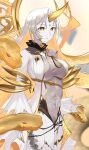  1girl bare_shoulders blonde_hair bodysuit breasts clothing_cutout covered_navel cowboy_shot fire_emblem fire_emblem_heroes forehead_jewel gold_horns gold_trim gradient_clothes grey_bodysuit grey_hair gullveig_(fire_emblem) highres horns large_breasts long_hair long_sleeves multicolored_hair ondur pale_skin simple_background single_horn snake snake_hair solo thigh_cutout thighs two-tone_hair very_long_hair yellow_eyes yellow_horns 