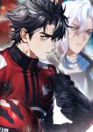  2boys bishounen black_gloves black_hair black_mask blurry blurry_background commentary eyelashes genshin_impact gloves grey_hair hair_between_eyes helmet holding holding_helmet holding_mask jacket kanapy long_hair long_sleeves looking_ahead male_focus mask messy_hair multiple_boys neuvillette_(genshin_impact) official_alternate_costume parted_lips patch racing_suit red_jacket scar scar_on_face scar_on_neck shirt short_hair sideburns sweatdrop symbol-only_commentary white_hair white_shirt wriothesley_(genshin_impact) 