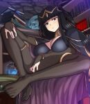  1girl black_cape black_hair black_nails blunt_bangs bodystocking book book_stack bookshelf bracelet breasts bridal_gauntlets cape circlet cleavage feet fingernails fire_emblem fire_emblem_awakening highres hiramine_akira jewelry large_breasts long_hair nail_polish open_mouth purple_cape purple_eyes ring shelf skull solo tharja_(fire_emblem) thighlet toenail_polish toenails two-sided_fabric two-tone_cape two_side_up 