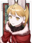  1girl animal_ears blonde_hair cape cat_ears cat_girl christmas earrings extra_ears highres jewelry kemono_friends kemono_friends_3 lipstick looking_at_viewer makeup merry_christmas ribbon saba_ru serval_(kemono_friends) short_hair simple_background solo turtleneck upper_body yellow_eyes 