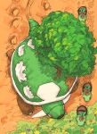  animal_focus aomon_(yuuji7604) commentary_request evolutionary_line footprints from_above highres leaf no_humans pokemon pokemon_(creature) red_eyes torterra tortoise tree turtle turtwig 