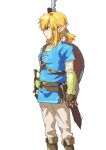  1boy arm_guards baldric belt blonde_hair blue_eyes champion&#039;s_tunic_(zelda) earrings feet_out_of_frame from_side hair_tie jewelry link looking_to_the_side mdf_an pointy_ears ponytail sheikah_slate shield shield_on_back sidelocks simple_background sketch solo standing the_legend_of_zelda the_legend_of_zelda:_breath_of_the_wild white_background 