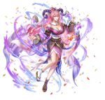  1girl anbe_yoshirou blush breasts cleavage confetti curled_horns fire_emblem fire_emblem_heroes floating floating_object frilled_sleeves frills fur_trim gloves goat_horns hair_ornament horns large_breasts long_hair looking_to_the_side multicolored_hair nerthuz_(fire_emblem) nerthuz_(new_year)_(fire_emblem) official_art origami paper_crane pink_hair ponytail purple_eyes solo third-party_source two-tone_hair very_long_hair 