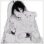  1boy ahoge black_border blush border ensemble_stars! fang grey_background greyscale heterochromia highres holding holding_stuffed_toy hood hood_up kagehira_mika long_sleeves looking_at_viewer majimuri3 male_focus monochrome simple_background sketch skin_fang solo stuffed_animal stuffed_toy teddy_bear 