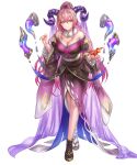  1girl anbe_yoshirou blush breasts cleavage curled_horns fire_emblem fire_emblem_heroes floating floating_object frilled_sleeves frills fur_trim gloves goat_horns hair_ornament highres horns large_breasts long_hair looking_at_viewer multicolored_hair nerthuz_(fire_emblem) nerthuz_(new_year)_(fire_emblem) non-web_source official_art origami paper_crane pink_hair ponytail purple_eyes second-party_source solo two-tone_hair very_long_hair 