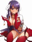  bangs belt blue_eyes blunt_bangs breasts capelet center_opening choker cleavage earrings elbow_gloves eyebrows_visible_through_hair fate/grand_order fate_(series) finger_to_mouth gloves hair_ribbon jewelry large_breasts long_hair looking_at_viewer navel purple_hair red_gloves red_legwear revealing_clothes ribbon saint_martha sitting solo straight_hair thighhighs thighs tokiwa_midori_(kyokutou_funamushi) wariza white_ribbon 