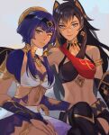  2girls absurdres animal_ears armlet asymmetrical_clothes blue_eyes blue_hair candace_(genshin_impact) dark-skinned_female dark_skin dehya_(genshin_impact) earrings egyptian_clothes eye_of_horus genshin_impact hair_ornament highres jewelry looking_at_viewer midriff multicolored_hair multiple_girls navel niluhong short_hair_with_long_locks sidelocks streaked_hair tagme upper_body vision_(genshin_impact) white_background 