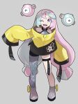  1girl ;d bare_shoulders blue_hair bow-shaped_hair chiimako eyelashes full_body grey_background iono_(pokemon) jacket long_hair long_sleeves looking_at_viewer magnemite multicolored_hair one_eye_closed open_mouth pink_eyes pink_hair pokemon pokemon_sv sharp_teeth single_leg_pantyhose sleeves_past_fingers sleeves_past_wrists smile teeth thigh_strap twintails two-tone_hair upper_teeth_only very_long_hair yellow_jacket 