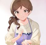  1girl alternate_hairstyle apron blurry blush breasts brown_eyes brown_hair closed_mouth collarbone depth_of_field dot_nose gradient_background hair_ornament hairclip hands_up idolmaster idolmaster_million_live! idolmaster_million_live!_theater_days kitazawa_shiho long_hair long_sleeves looking_at_viewer medium_breasts ponytail purple_apron purple_background shirop_imas simple_background smile solo sweater upper_body white_sweater 