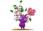  black_eyes clinging colored_skin commentary_request creature flower grass height_difference holding holding_creature leaf no_humans no_mouth one_eye_closed pikmin_(creature) pikmin_(series) pink_flower purple_hair purple_pikmin purple_skin red_eyes shadow short_hair simple_background solid_circle_eyes very_short_hair white_background white_pikmin yamato_koara 