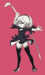  black_dress black_hairband black_legwear boots breasts cleavage cleavage_cutout domino_mask dress feather-trimmed_sleeves full_body hairband high_heel_boots high_heels highleg highleg_leotard highres inkling juliet_sleeves katana leotard long_sleeves mask nier_(series) nier_automata no_blindfold ontaros pink_background puffy_sleeves silver_hair simple_background small_breasts solo splatoon_(series) sword thigh_boots thighhighs weapon white_hair white_leotard yorha_no._2_type_b 
