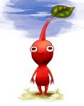  black_eyes blue_sky colored_skin commentary_request day grass leaf looking_ahead no_humans no_mouth outdoors pikmin_(creature) pikmin_(series) pointy_nose red_pikmin red_skin shadow sky solo straight-on white_background yamato_koara 