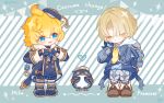  2boys :d ahoge arrow_(symbol) artist_name beret blonde_hair blue_background blue_bow blue_bowtie blue_eyes blue_footwear blue_headwear blue_jacket blue_shorts blush boots bow bowtie brooch brown_footwear buttons character_name closed_eyes closed_mouth commentary_request cosplay costume_switch double-breasted eyes_visible_through_hair fold-over_boots freminet_(genshin_impact) freminet_(genshin_impact)_(cosplay) genshin_impact gold_trim grey_shorts hair_between_eyes hair_over_one_eye hands_up hat heart highres hood hood_down hoodie jacket jewelry kmpukka long_sleeves male_focus mika_(genshin_impact) mika_(genshin_impact)_(cosplay) multiple_boys necktie non-humanoid_robot open_clothes open_jacket open_mouth pers_(genshin_impact) robot robot_animal short_hair short_shorts shorts sidelocks simple_background sleeve_cuffs smile sparkle tilted_headwear twitter_username u_u white_background white_hoodie yellow_necktie 