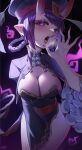  1girl breasts closed_mouth dress fate/grand_order fate_(series) fatzhai fellatio_gesture fingernails frilled_sleeves frills hat heart heart-shaped_pupils highres horns large_breasts leaning_forward long_sleeves ofuda oni_horns open_mouth purple_eyes purple_hair red_nails sharp_fingernails shuten_douji_(fate) solo symbol-shaped_pupils tongue tongue_out wide_sleeves 