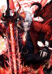  1boy absurdres aura beard_stubble black_sclera colored_sclera dante_(devil_may_cry) demon_boy demon_wings devil_may_cry_(series) devil_may_cry_5 devil_sword_dante devil_trigger facial_hair glowing glowing_sword glowing_weapon highres horns jacket long_long_guaiwu_yuan looking_at_viewer red_jacket sin_devil_trigger smile solo sword transformation weapon white_hair wings 