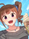  absurdres ahoge blue_nails blue_scrunchie blush brown_hair collarbone day drill_hair eyebrows_visible_through_hair food highres ice_cream ice_cream_cone idolmaster idolmaster_million_live! jewelry kamille_(vcx68) looking_at_viewer nail_polish necklace open_mouth outdoors purple_eyes scrunchie short_hair side_drill smile solo teeth upper_body yokoyama_nao 