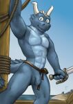 absurd_res anthro aquatic_dragon belt belt_only blind_eye blue_body blue_eyes cheek_fins cutlass detailed_background digital_media_(artwork) dragon fin flaccid genitals hi_res horn huge_filesize looking_at_viewer male marine melee_weapon muscular muscular_male nude penis sailor scar ship smile smiling_at_viewer solo sword tail tail_fin tuubi vehicle watercraft weapon