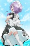  1girl apron ass black_dress character_request cloud dress frilled_apron frills haruyama_kazunori long_hair looking_at_viewer maid maid_apron maid_headdress open_mouth puffy_short_sleeves puffy_sleeves short_sleeves skirt smile solo thighhighs waist_apron water white_apron 