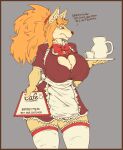 2023 accessory alternate_costume anthro apron big_breasts biped bow_(feature) bow_accessory breasts brown_nose canid canine ceroba_(undertale_yellow) cleavage_cutout clothed clothing colored container cup digital_media_(artwork) dress english_text female female_anthro fingers fox front_view fully_clothed fur grey_background hair hair_accessory heart_cutout hi_res holding_object holding_tray huge_breasts humanoid_hands jug legwear long_hair looking_away maid_uniform mammal menu monotone_ears monotone_hair multicolored_body multicolored_fur neck_bow nipple_outline orange_hair pink_eyes ponytail portrait red_bow red_clothing red_dress scrunchie serving_tray signirsol simple_background snaggle_tooth snout solo standing stockings tan_body tan_fur text thick_thighs thigh_highs three-quarter_portrait two_tone_body two_tone_fur undertale_(series) undertale_yellow uniform waiter white_apron white_clothing white_legwear white_thigh_highs yellow_body yellow_ears yellow_fur yellow_inner_ear