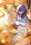  2girls animal_ears bare_shoulders blonde_hair blue_eyes blue_hair blue_skin breasts cat_ears cleavage closed_mouth collarbone colored_skin commentary_request commission english_text final_fantasy final_fantasy_xiv food fruit heterochromia highres horns large_breasts lemon long_hair medium_hair miqo&#039;te multicolored_hair multiple_girls naked_towel onsen parted_lips partially_submerged purple_horns red_eyes red_hair sitting skeb_commission smile syandega thighs towel two-tone_hair water yuri 