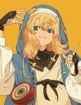  1boy black_gloves blonde_hair blue_eyes blue_jacket bridget_(guilty_gear) fingerless_gloves gloves guilty_gear highres hood hood_up jacket otoko_no_ko semham shirt smile solo white_shirt yellow_background yo-yo 