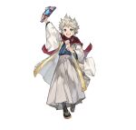  1boy dragonstone envelope fire_emblem fire_emblem_fates fire_emblem_heroes grey_eyes hagoita holding holding_envelope japanese_clothes kana_(fire_emblem) kana_(male)_(fire_emblem) kana_(male)_(rising_dragon)_(fire_emblem) kimono looking_at_viewer official_alternate_costume official_art open_mouth paddle scarf smile solo spiked_hair white_hair 