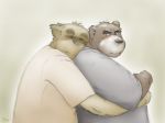  2011 anthro bear blush canine clothing de2w duo hug hugging_from_behind juuichi_mikazuki kounosuke_(morenatsu) male mammal morenatsu overweight overweight_male shirt tanuki 