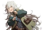  ammunition_pouch bangs belt black_vest blush braid collared_shirt commentary_request eyebrows_visible_through_hair fang flying_sweatdrops girls_frontline green_jacket grey_eyes hair_between_eyes jacket jewelry long_hair long_sleeves looking_at_viewer messy_hair multiple_belts nervous nervous_smile open_mouth pouch reaching_out ring shirt shorts sidelocks signature silver_hair simple_background smile solo sweat sweatdrop very_long_hair vest waterkuma white_background xm8_(girls_frontline) 