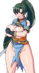  blush breast_hold breasts covering covering_breasts dress fingerless_gloves fire_emblem fire_emblem:_rekka_no_ken fire_emblem_heroes gacha_(ssaketen) gloves green_eyes green_skirt groin half-closed_eyes huge_breasts long_hair lyndis_(fire_emblem) no_panties pelvic_curtain ponytail short_sleeves skirt solo sweat torn_clothes torn_dress underboob very_long_hair 