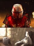  armor blood blood_on_armor blood_on_clothes blue_eyes brown_hair chair desk fire helmet highres ironlily lady_merle_(ironlily) long_hair medieval ordo_mediare_sisters_(ironlily) remembering sitting surcoat window 