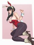  animal_ears black_hair detached_collar earrings fake_animal_ears highres jewelry leotard non-web_source playboy_bunny rabbit_tail red_leotard riz spy_x_family strapless tagme tail yor_briar 