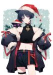  alternate_costume bishounen black_hair cowboy_shot fur_trim genshin_impact hat heart highres jacket male_focus midriff neytirv purple_eyes red_ribbon ribbon santa_hat scaramouche_(cat)_(genshin_impact) scaramouche_(genshin_impact) short_hair shorts sleeveless 