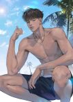  1boy abs absurdres beach brown_eyes brown_hair dark-skinned_male dark_skin day earrings feet_out_of_frame highres jewelry looking_at_viewer male_focus male_swimwear miyagi_ryouta navel necklace nolja_cz outdoors palm_tree parted_lips pointing slam_dunk_(series) solo squatting stud_earrings sun_glare swim_trunks toned toned_male topless_male tree undercut wavy_hair 