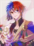  1boy alear_(fire_emblem) alear_(male)_(fire_emblem) alternate_costume blue_eyes blue_hair braid closed_mouth fire_emblem fire_emblem_engage headband heterochromia highres looking_at_viewer male_focus multicolored_hair red_eyes red_hair short_hair solo split-color_hair two-tone_hair upper_body yutohiroya 