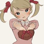  1girl ana_(mother) bad_anatomy bad_arm blue_eyes blush box brown_hair collared_dress dress foreshortening giving hair_ribbon heart-shaped_box holding holding_box looking_at_viewer lower_teeth_only mother_(game) mother_1 open_mouth pink_dress red_ribbon ribbon shifumame solo teeth 