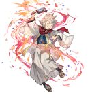  1boy closed_eyes dragonstone fire_emblem fire_emblem_fates fire_emblem_heroes grin hagoita heart_attack highres japanese_clothes kana_(fire_emblem) kana_(male)_(fire_emblem) kana_(male)_(rising_dragon)_(fire_emblem) kimono non-web_source official_alternate_costume official_art paddle scarf smile solo spiked_hair teeth v-shaped_eyebrows white_hair 
