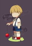  0mzum1 1boy blonde_hair blue_shorts character_request closed_mouth commentary_request frown grass grey_background hair_over_eyes hand_up highres king_(mother_2) male_focus mother_(game) mother_2 ness_(mother_2) picky_minch porky_minch red_footwear shirt shoes short_hair short_sleeves shorts simple_background socks solo suspender_shorts suspenders t-shirt white_shirt white_socks yo-yo 
