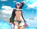  1girl arknights ass_visible_through_thighs bikini black_bikini blue_hair blue_shorts breasts ch&#039;en_(arknights) ch&#039;en_the_holungday_(arknights) cloud cloudy_sky cowboy_shot day dragon_girl dragon_horns hair_between_eyes highres horns large_breasts long_hair long_sleeves looking_at_viewer nitrouzs outdoors red_eyes short_shorts shorts sky solo swimsuit thigh_gap thigh_strap thighs underboob water wet 