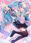  1girl absurdres black_skirt black_thighhighs blue_eyes blue_hair character_cutout character_request hatsune_miku highres long_hair miniskirt multicolored_hair open_mouth pink_hair shirt skirt smile streaked_hair tactoki thighhighs twintails very_long_hair vocaloid white_shirt 