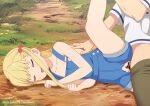  1boy 1girl bar_censor blonde_hair censored closed_eyes flat_chest hoshizaki_risa implied_rape kanojo_mo_kanojo lying mio-morimitsu mukai_naoya naked_overalls on_side open_mouth out_of_frame outdoors overalls paid_reward_available pussy sex sleep_molestation sleeping solo_focus torn_clothes twintails 