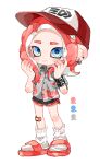  1girl absurdres baseball_cap black_shorts blue_eyes closed_mouth commentary_request ear_piercing earrings full_body hat hawaiian_shirt highres jewelry long_hair myon_rio octoling octoling_girl piercing red_footwear red_hair red_trim sandals shirt short_shorts shorts simple_background smile socks solo splatoon_(series) standing tentacle_hair white_background white_socks 