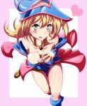  1girl armor bangs bare_shoulders blonde_hair blush blush_stickers boots breasts choker cleavage danpu dark_magician_girl green_eyes large_breasts long_hair looking_at_viewer pendant skirt smile tongue_out witch_hat yu-gi-oh! yuu-gi-ou_duel_monsters 