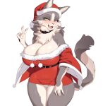 absurd_res anthro big_breasts breasts brown_body brown_fur cervina7_(artist) christmas christmas_clothing christmas_headwear cleavage clothed clothing countershading felid feline female fur grey_body grey_fur hair hat headgear headwear hi_res holidays huge_breasts mammal santa_hat simple_background solo