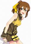  1girl :d bare_shoulders blush bow bracelet breasts brown_eyes brown_hair brown_jumpsuit delthea_(fire_emblem) fang fire_emblem fire_emblem_echoes:_shadows_of_valentia hair_between_eyes hair_bow hiramine_akira jewelry jumpsuit open_mouth ponytail short_hair short_jumpsuit simple_background sleeveless sleeveless_jumpsuit small_breasts smile solo white_background yellow_bow 